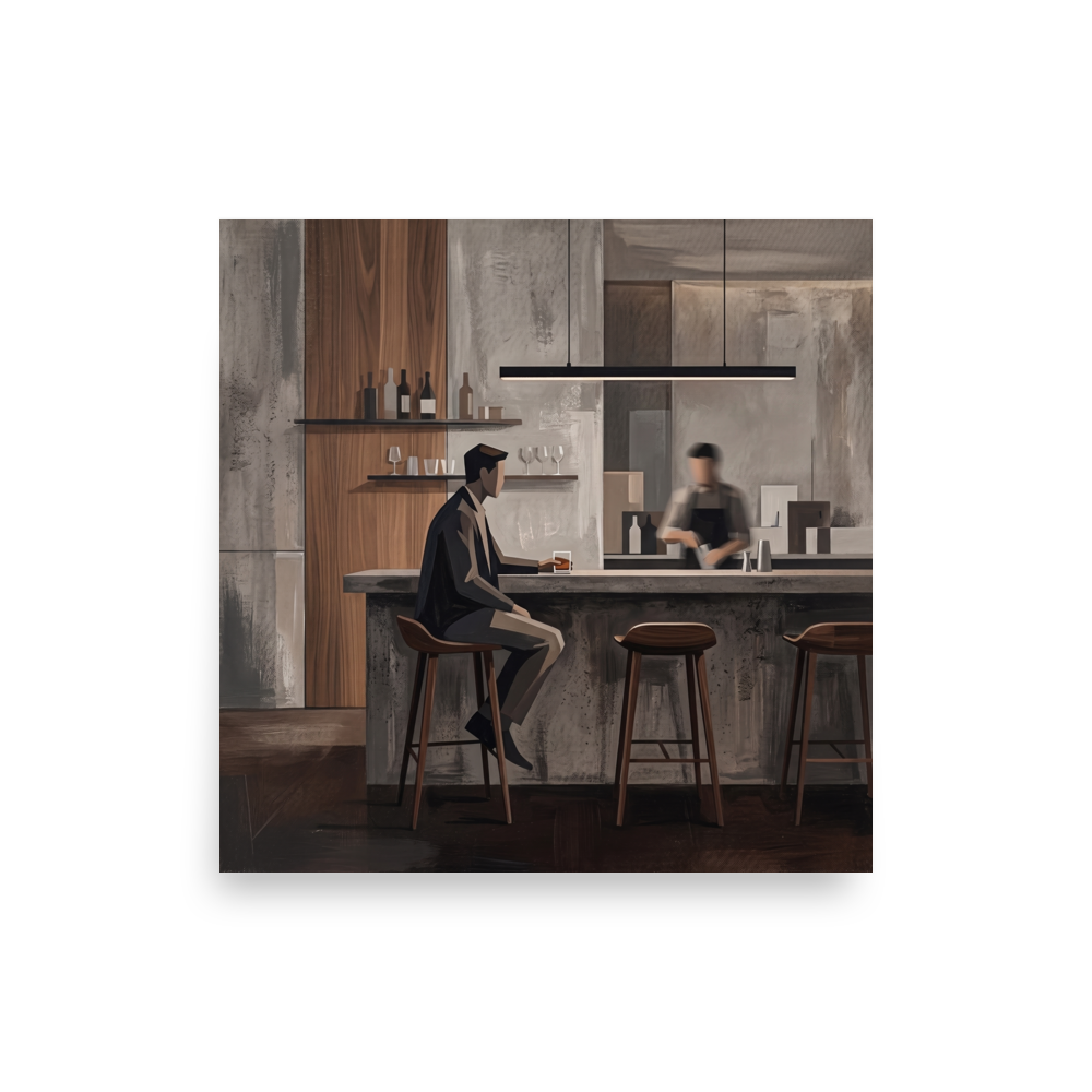 Modernism wall art, 'Solitude at the Concrete Bar'. A Modernism oil painting depicting a gentleman sitting at a moody cocktail counter, perfect for a Cigar Lounge / Speakeasy.