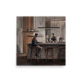 Modernism wall art, 'Solitude at the Concrete Bar'. A Modernism oil painting depicting a gentleman sitting at a moody cocktail counter, perfect for a Cigar Lounge / Speakeasy.
