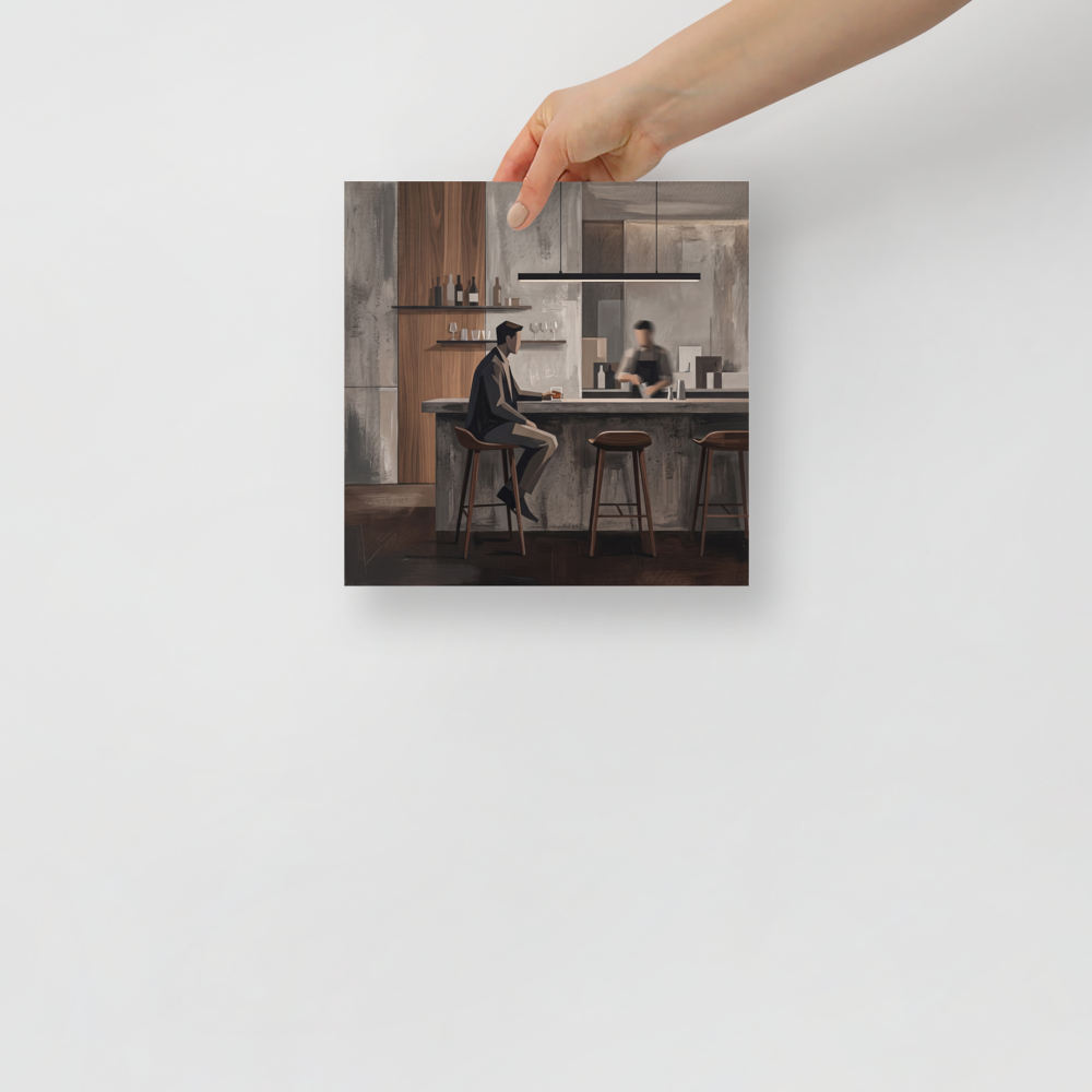 A Modernism oil painting depicting a gentleman sitting at a moody cocktail counter, perfect for a Cigar Lounge / Speakeasy. 'Solitude at the Concrete Bar', a Modernism print for the wall.