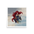 A mystical / mysterious Expressionism print, 'Shojo Sake Offering'. Digital oil painting of Japanese Shojo sea spirit with crimson hair holding a sake bowl for a dining room or home bar wall.
