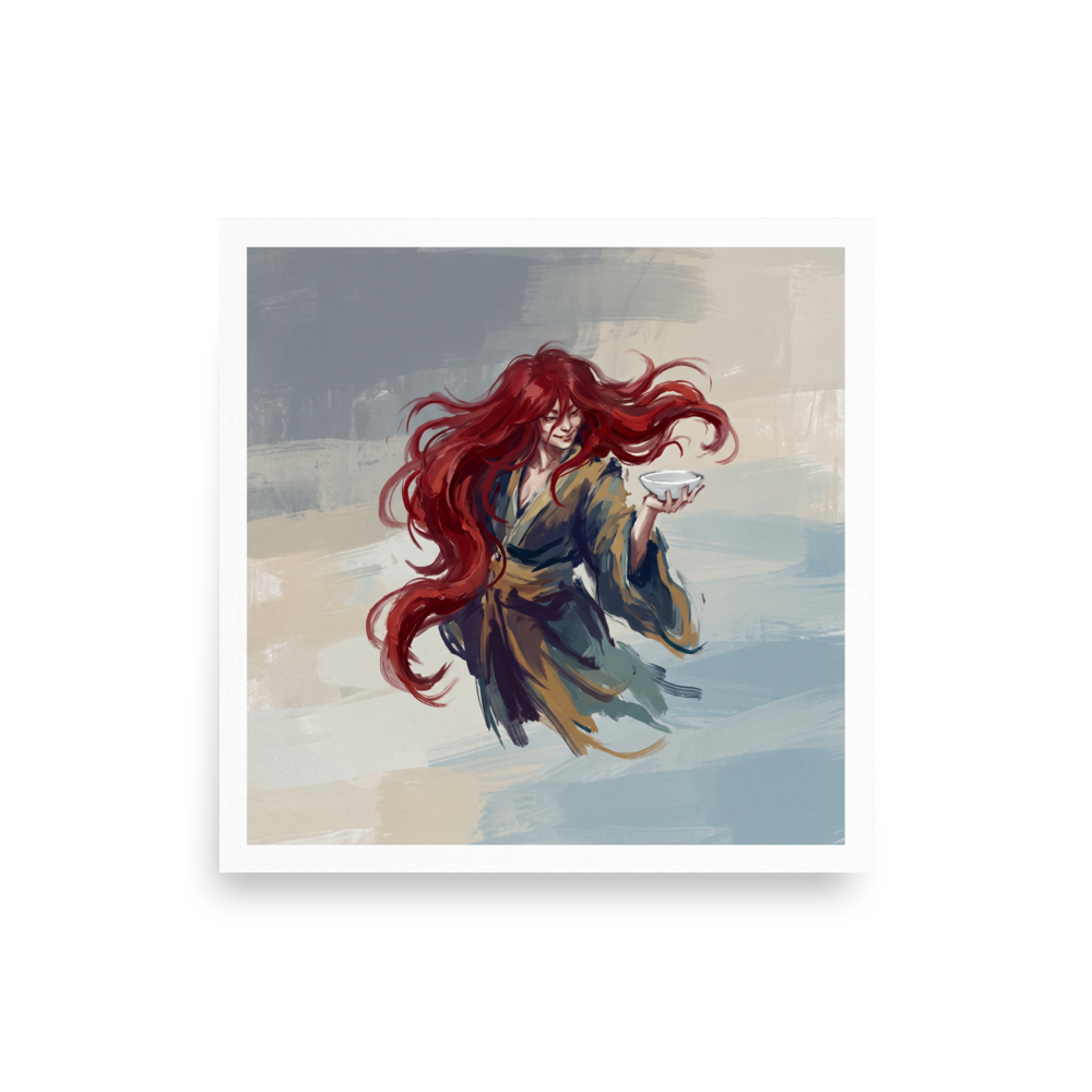 A mystical / mysterious Expressionism print, 'Shojo Sake Offering'. Digital oil painting of Japanese Shojo sea spirit with crimson hair holding a sake bowl for a dining room or home bar wall.