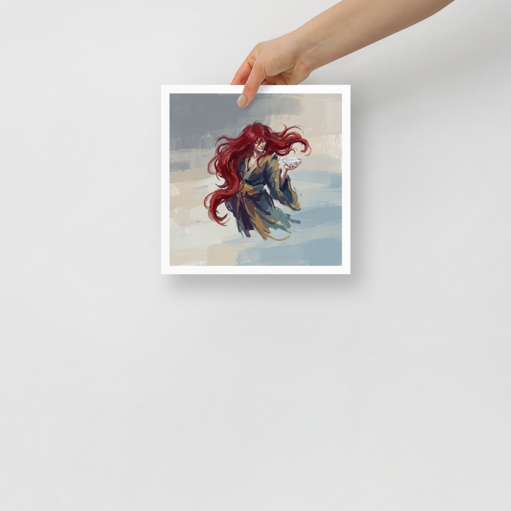 Expressionism wall art, 'Shojo Sake Offering'. Digital oil painting of Japanese Shojo sea spirit with crimson hair holding a sake bowl for a dining room or home bar wall.