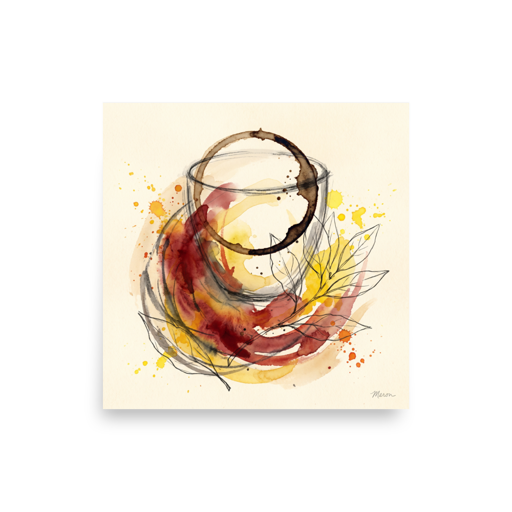 'Notes of Cabernet', part of Meron's Fine Art wall art. Watercolor illustration of a coffee stain ring, wine swirls, and botanical line art styled in a dining room.