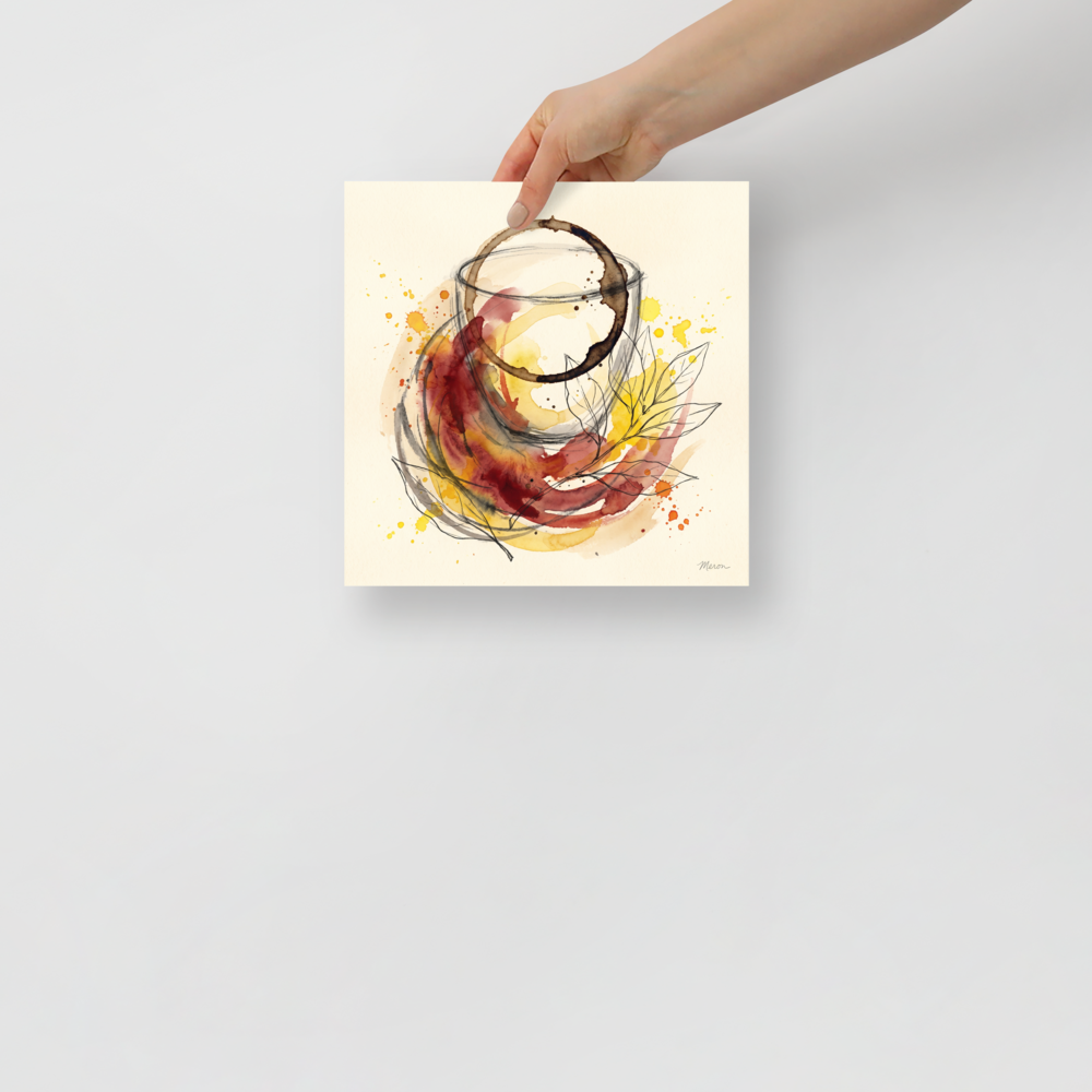 Fine art print 'Notes of Cabernet' in a Fine Art style. Watercolor illustration of a coffee stain ring, wine swirls, and botanical line art styled in a dining room.