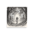 A monochrome graphite pencil sketch of a hooded wizard walking into a misty forest archway in a Bedroom decor setting. A mystical / mysterious piece titled 'Whispers of the Ancient Forest'.