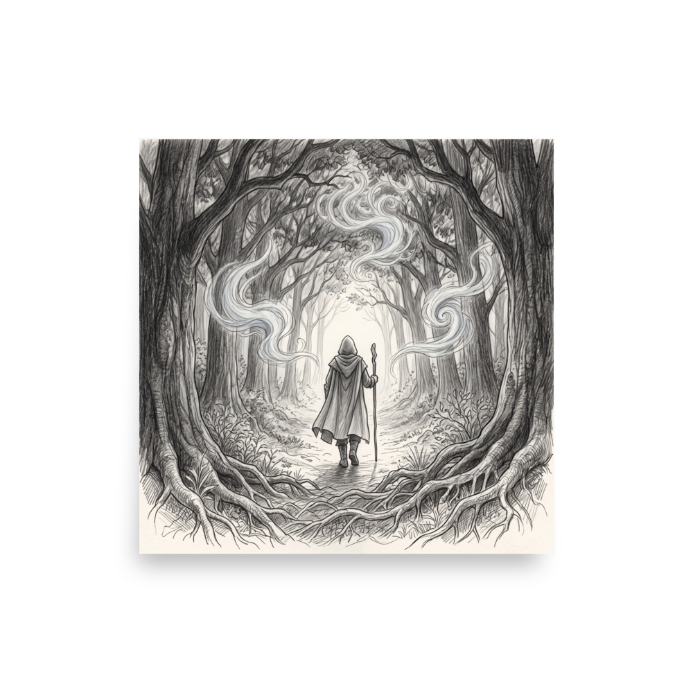 A monochrome graphite pencil sketch of a hooded wizard walking into a misty forest archway in a Bedroom decor setting. A mystical / mysterious piece titled 'Whispers of the Ancient Forest'.