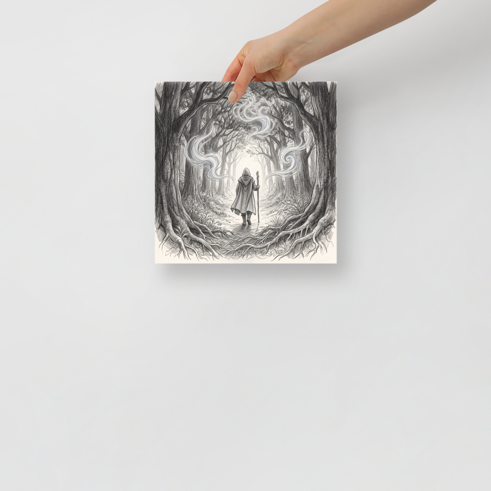 A mystical / mysterious scene in black and gray, 'Whispers of the Ancient Forest'. A monochrome graphite pencil sketch of a hooded wizard walking into a misty forest archway in a Bedroom decor setting.