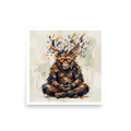 A spiritual scene in indigo and gold, 'Enlightened Monkey Sage'. Expressive oil painting of a meditative Monkey King in lotus pose with glowing golden eyes and calligraphy aura for a meditation room or office.