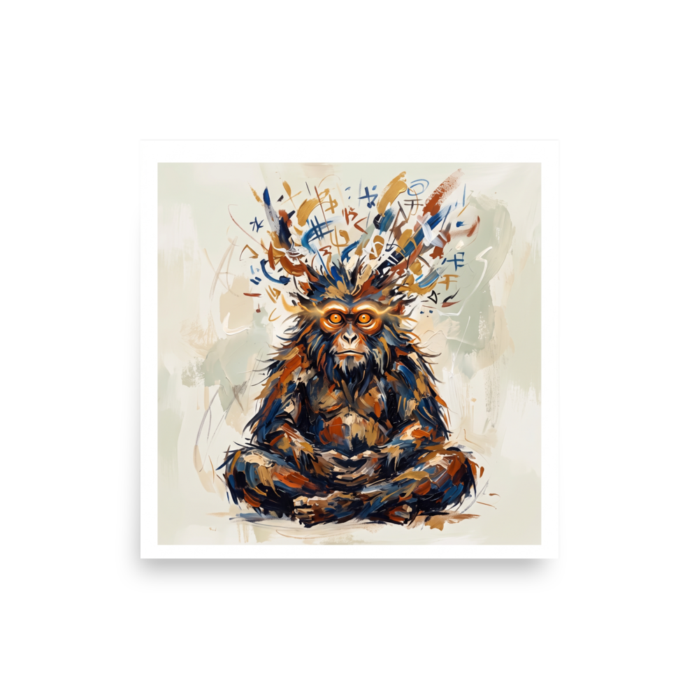 A spiritual scene in indigo and gold, 'Enlightened Monkey Sage'. Expressive oil painting of a meditative Monkey King in lotus pose with glowing golden eyes and calligraphy aura for a meditation room or office.