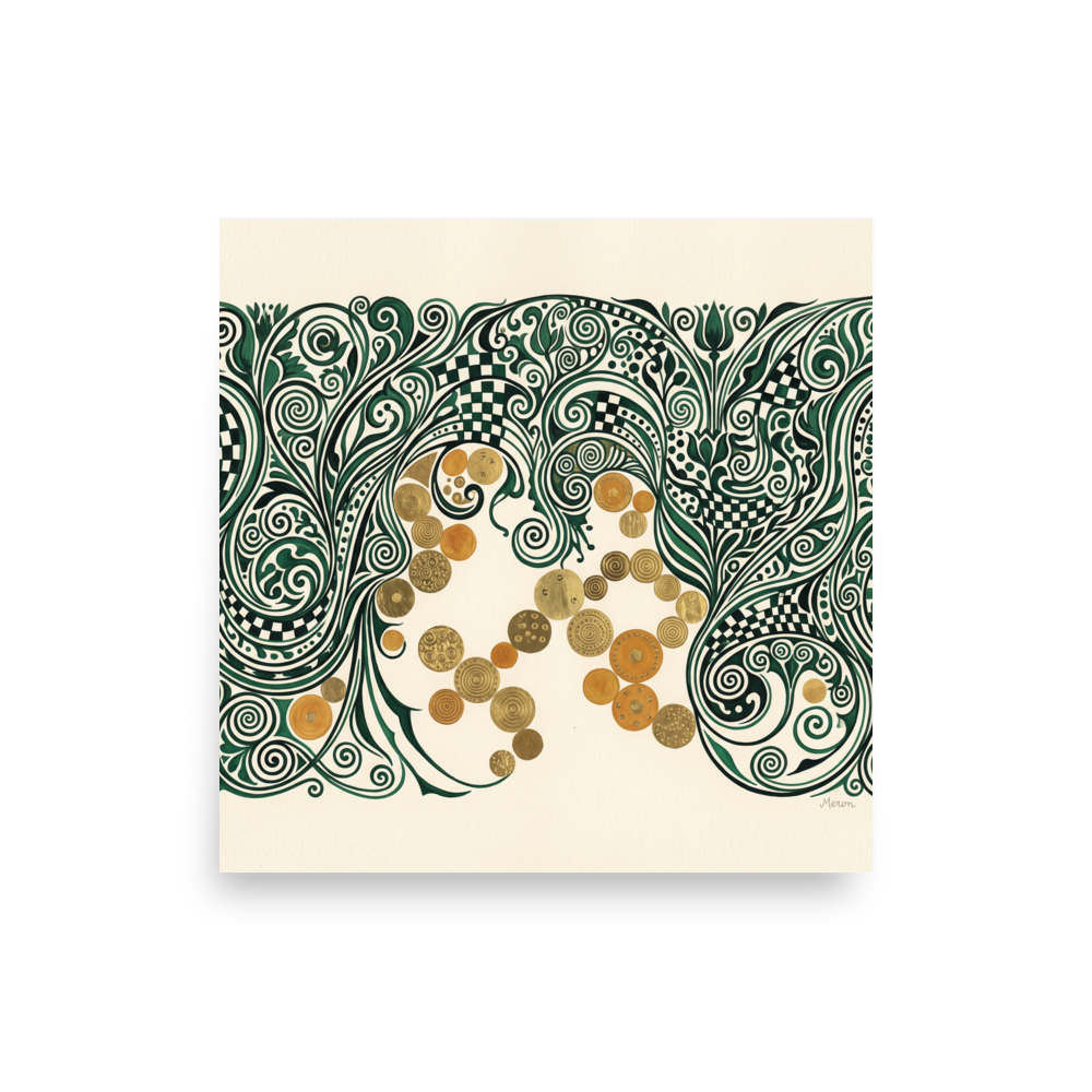 An intricate Art Nouveau arch of dark green vines and shimmering gold medallions, perfectly styled for an elegant living room. 'The Gilded Arbor', a Art Nouveau print for the wall.