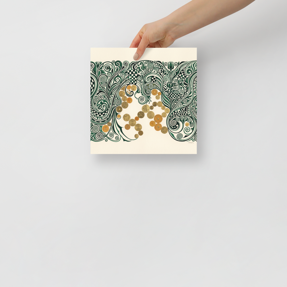 Fine art print 'The Gilded Arbor' in a Art Nouveau style. An intricate Art Nouveau arch of dark green vines and shimmering gold medallions, perfectly styled for an elegant living room.