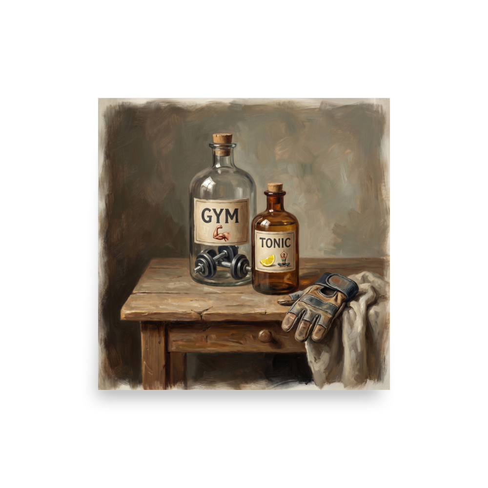 A classical still life oil painting of apothecary bottles labeled Gym and Tonic on a rustic table, ideal home gym wall art. 'Gym and Tonic', a Academic art print for the wall.