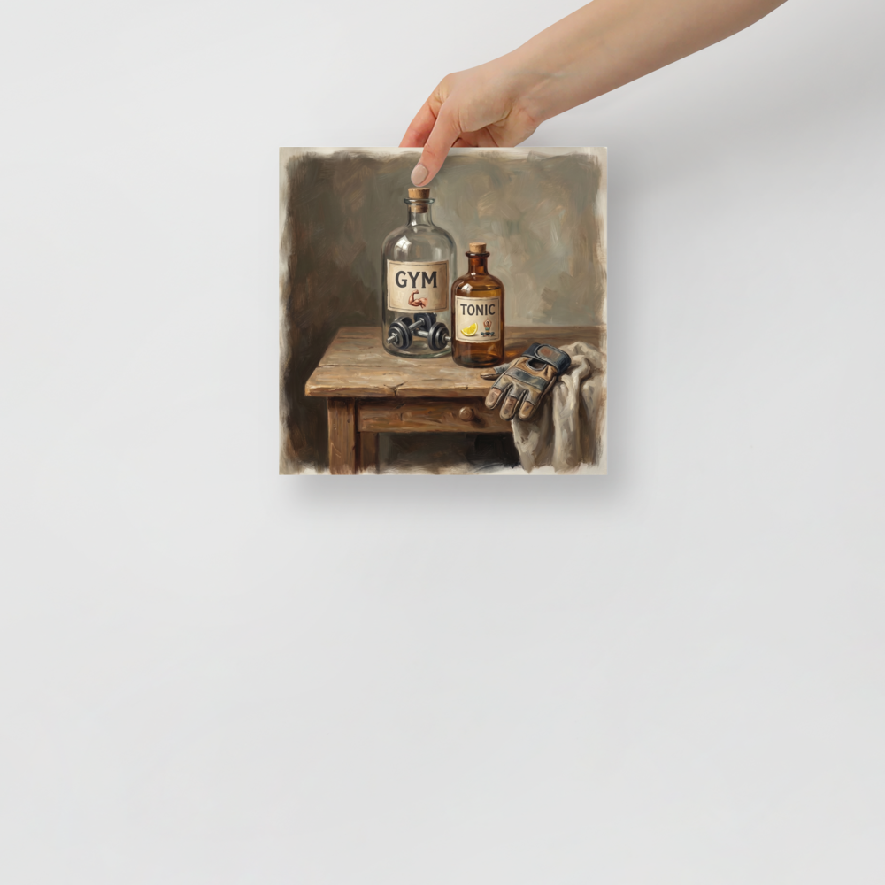 A classical still life oil painting of apothecary bottles labeled Gym and Tonic on a rustic table, ideal home gym wall art. A Academic art art print titled 'Gym and Tonic'.