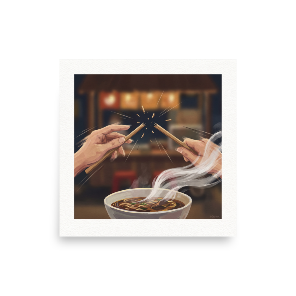 A amusement / humorous scene in saddle brown and tan, 'The Chopstick Snap'. Hands snapping chopsticks in half above a steaming bowl of Japanese ramen noodles in a cozy kitchen.