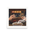 A amusement / humorous scene in saddle brown and tan, 'The Chopstick Snap'. Hands snapping chopsticks in half above a steaming bowl of Japanese ramen noodles in a cozy kitchen.