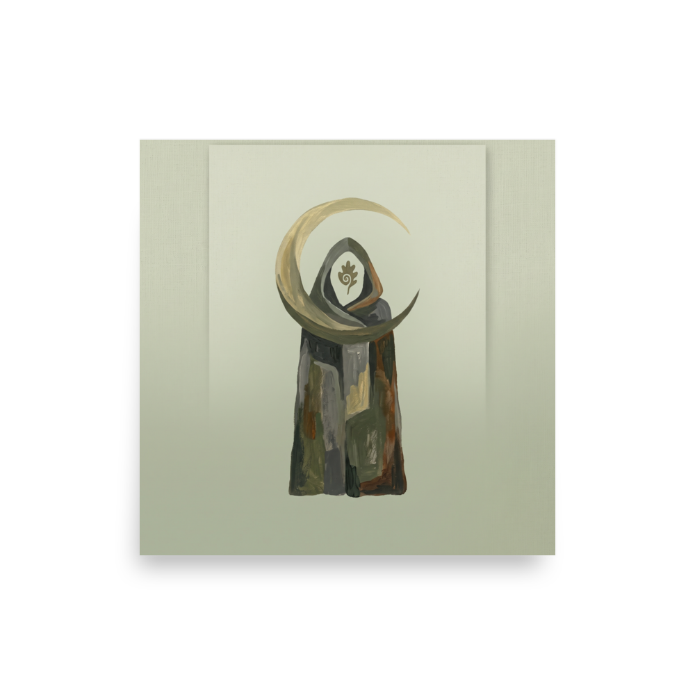 Fine art print 'The Druid Moon' in a Folk art style. Minimalist earthy painting of a hooded druid beneath a golden crescent moon, perfect for a meditation room wall.