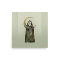 Fine art print 'The Druid Moon' in a Folk art style. Minimalist earthy painting of a hooded druid beneath a golden crescent moon, perfect for a meditation room wall.