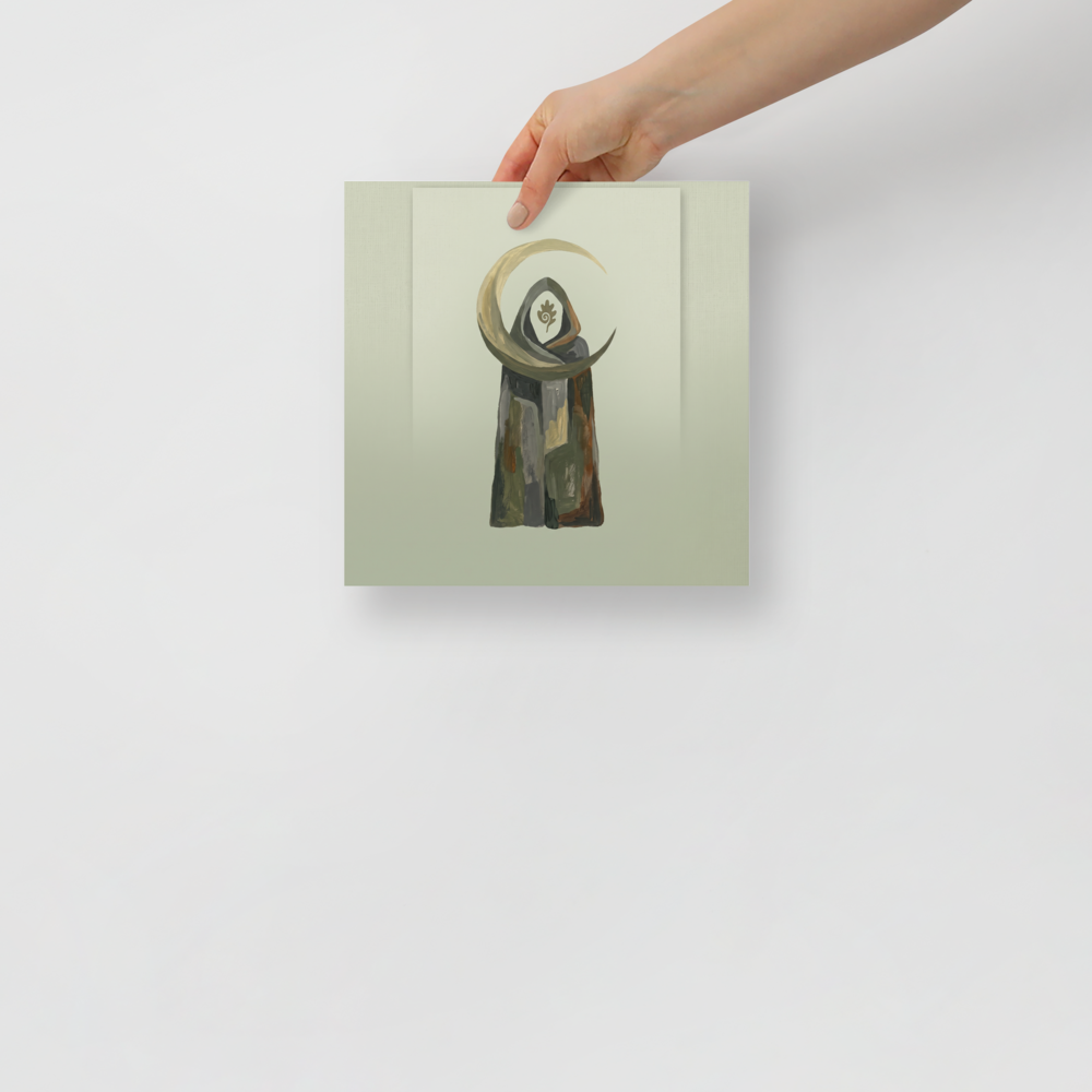 Minimalist earthy painting of a hooded druid beneath a golden crescent moon, perfect for a meditation room wall. A calmness piece titled 'The Druid Moon'.