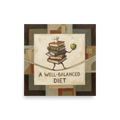 'A Well-Balanced Diet', a Surrealism wall art print. A humorous oil painting of stacked cookbooks holding a green apple while tightrope walking across a measuring tape in a modern kitchen.
