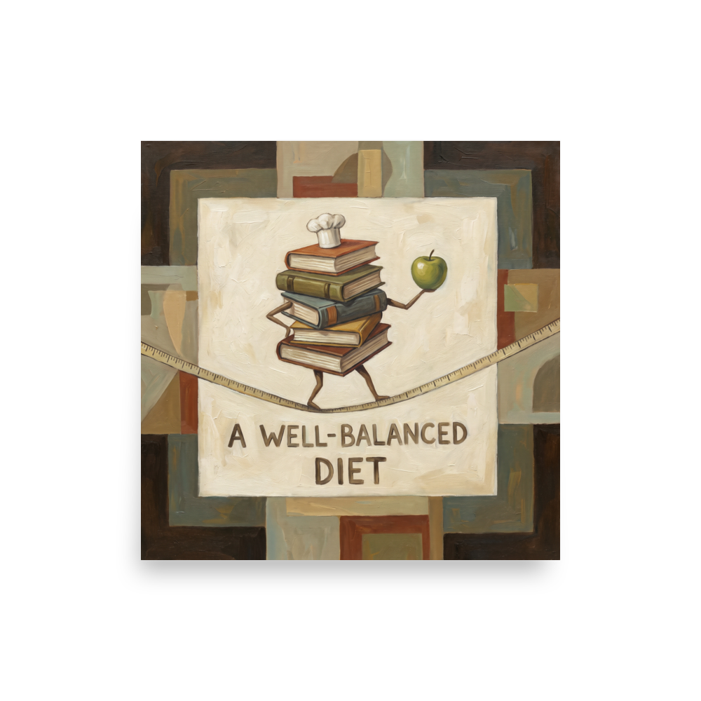 'A Well-Balanced Diet', a Surrealism wall art print. A humorous oil painting of stacked cookbooks holding a green apple while tightrope walking across a measuring tape in a modern kitchen.