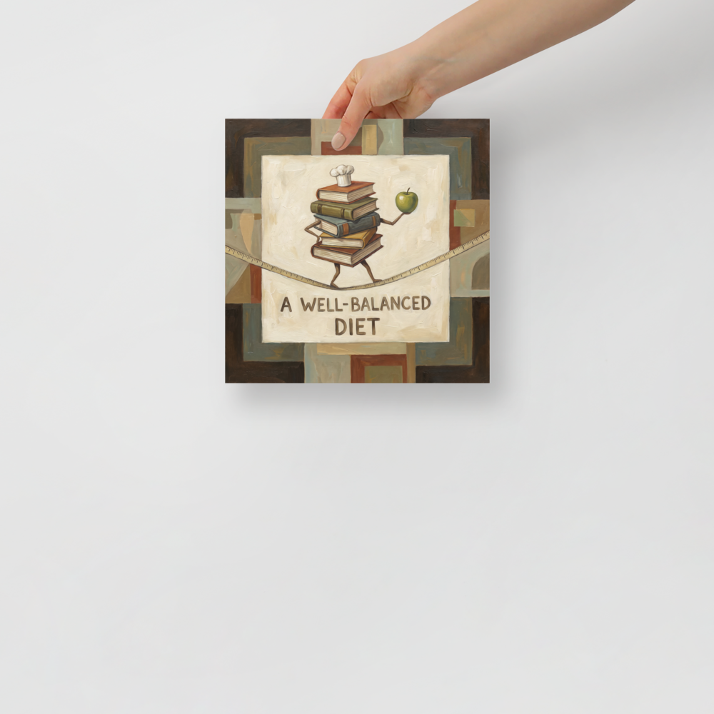 A humorous oil painting of stacked cookbooks holding a green apple while tightrope walking across a measuring tape in a modern kitchen. A Surrealism art print titled 'A Well-Balanced Diet'.