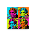 Pop art wall art for the studio, 'Beethoven in Technicolor'. A lively pop art portrait of Beethoven in four colorful quadrants with comic burst bubbles, perfect for an eclectic music studio.