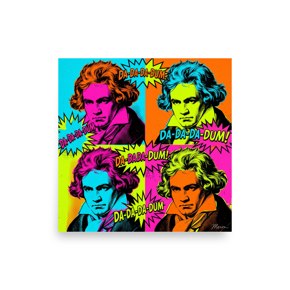 Pop art wall art for the studio, 'Beethoven in Technicolor'. A lively pop art portrait of Beethoven in four colorful quadrants with comic burst bubbles, perfect for an eclectic music studio.