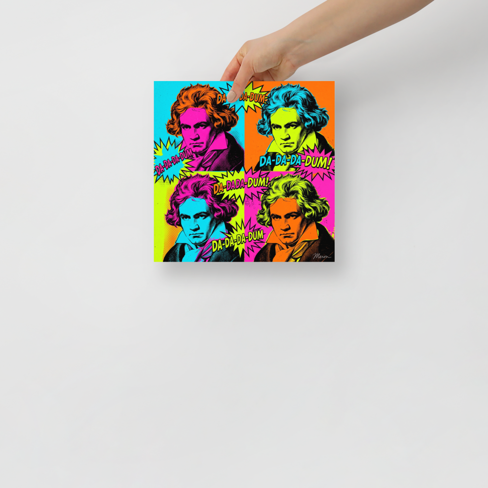 The Pop art print 'Beethoven in Technicolor'. A lively pop art portrait of Beethoven in four colorful quadrants with comic burst bubbles, perfect for an eclectic music studio.
