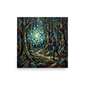 A mystical / mysterious Cubism print, 'The Wanderer's Portal'. A Cubist painting of a traveler with a walking stick encountering a glowing geometric portal in a dark forest, ideal for Office wall decor.