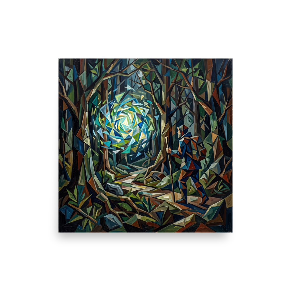 A mystical / mysterious Cubism print, 'The Wanderer's Portal'. A Cubist painting of a traveler with a walking stick encountering a glowing geometric portal in a dark forest, ideal for Office wall decor.