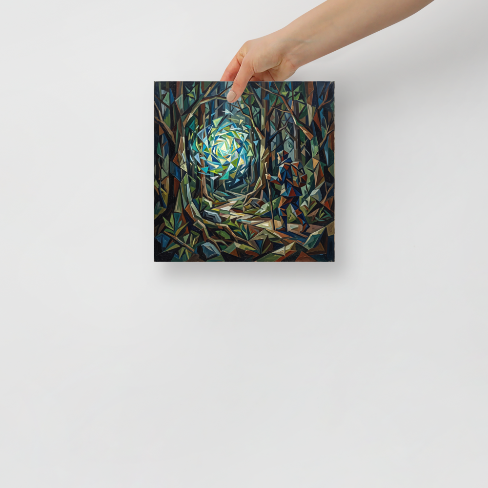 'The Wanderer's Portal', Cubism wall art in dark green and teal. A Cubist painting of a traveler with a walking stick encountering a glowing geometric portal in a dark forest, ideal for Office wall decor.