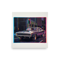 Vivid chromatic aberration portrait of a classic muscle car parked under a red city traffic light, ideal for garage or man cave decor. A Pop art print in black and cyan, 'Chromatic Charger at Midnight'.