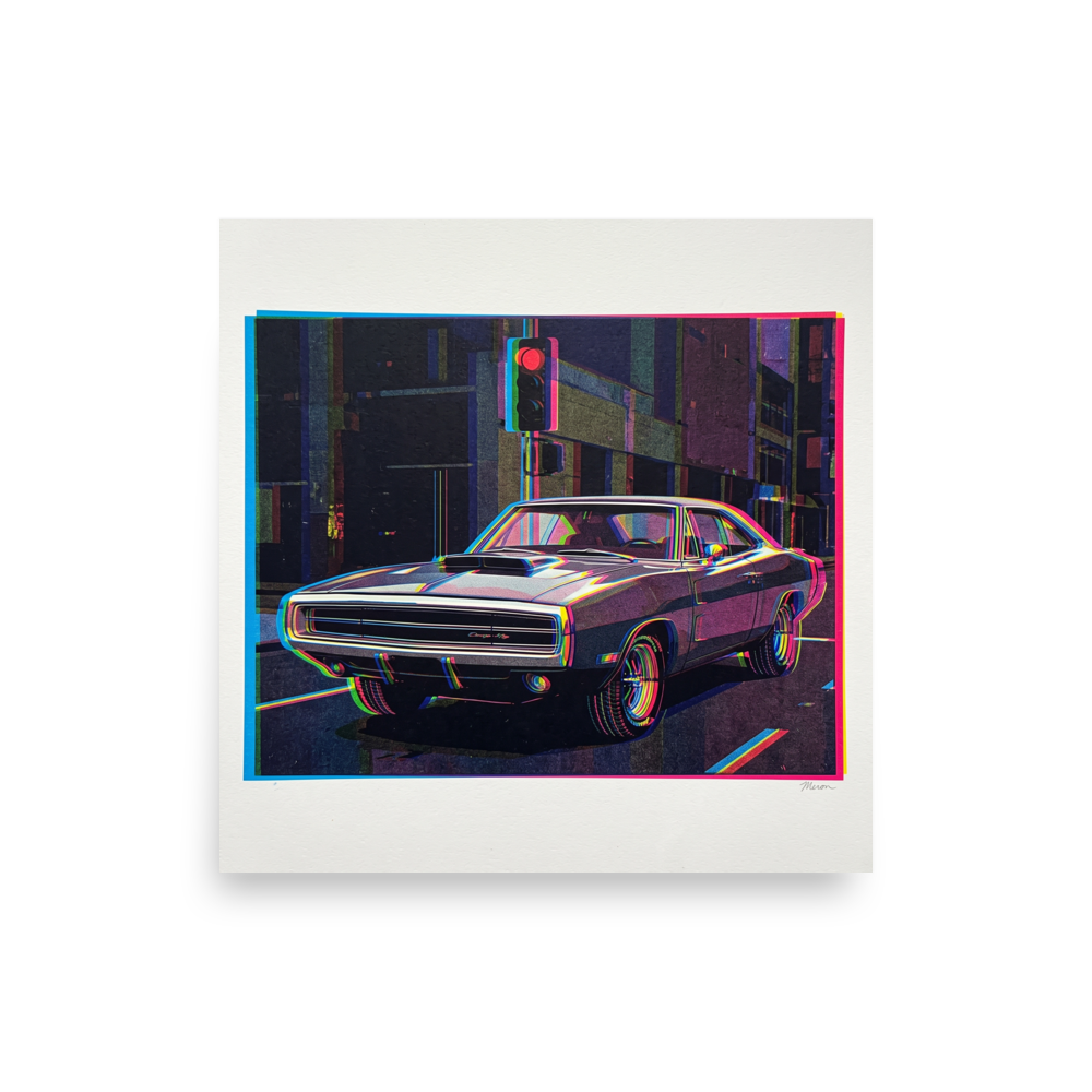 Vivid chromatic aberration portrait of a classic muscle car parked under a red city traffic light, ideal for garage or man cave decor. A Pop art print in black and cyan, 'Chromatic Charger at Midnight'.