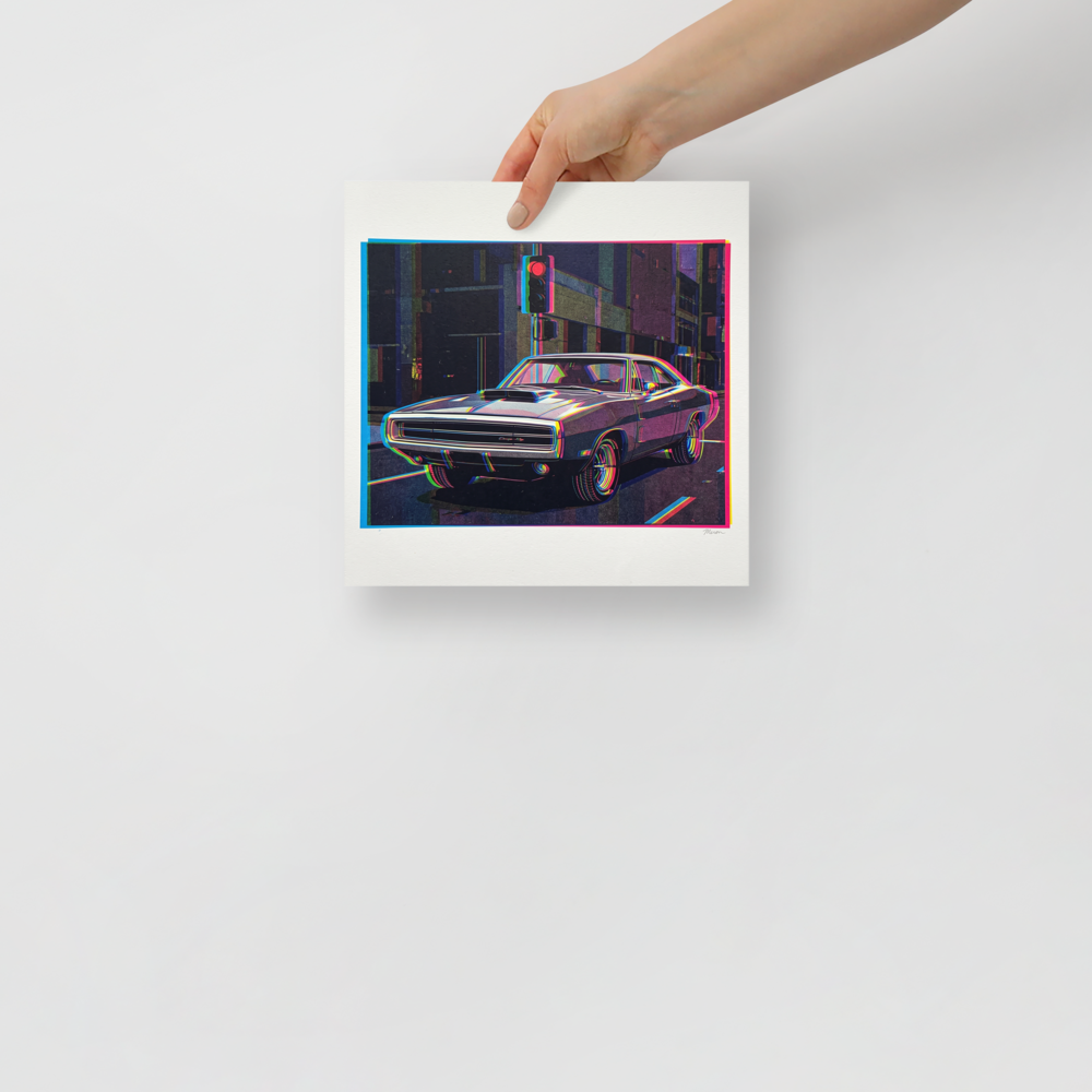 Vivid chromatic aberration portrait of a classic muscle car parked under a red city traffic light, ideal for garage or man cave decor. A striking piece titled 'Chromatic Charger at Midnight'.