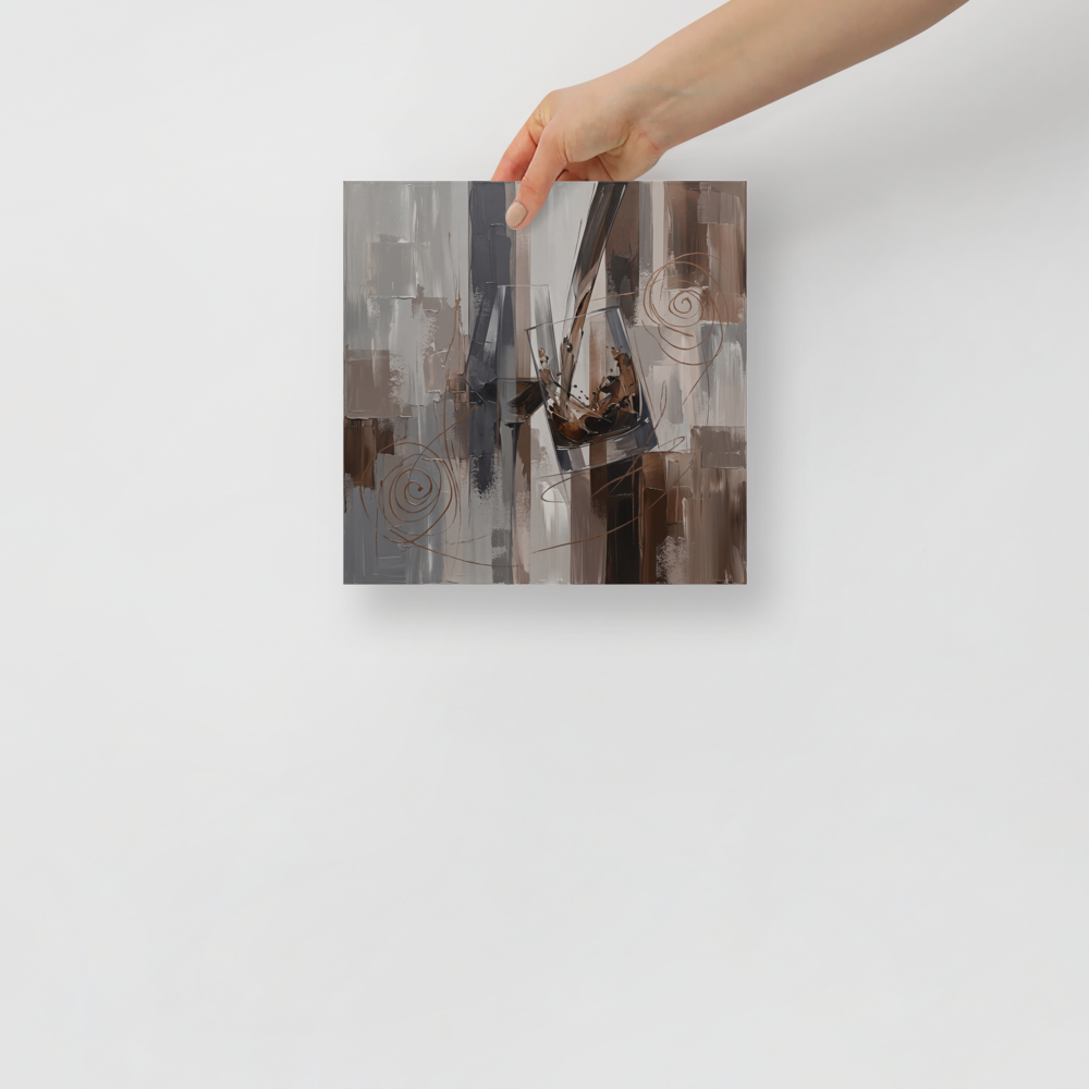 'Essence of the Pour', Abstract art wall art in chocolate and gray. An Elegant Abstract art painting of liquid pouring into a glass with textured neutral blocks, perfect for a modern Kitchen.