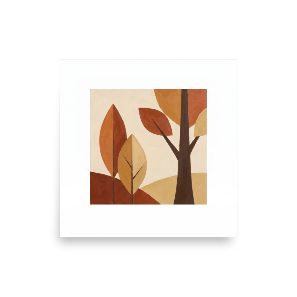 A mid-century modern geometric painting of autumn trees and leaves in warm earthy colors like rust, orange, and beige, perfect for a stylish Office or Living Room. Available as the Minimalism art print 'Mid-Century Autumn'.