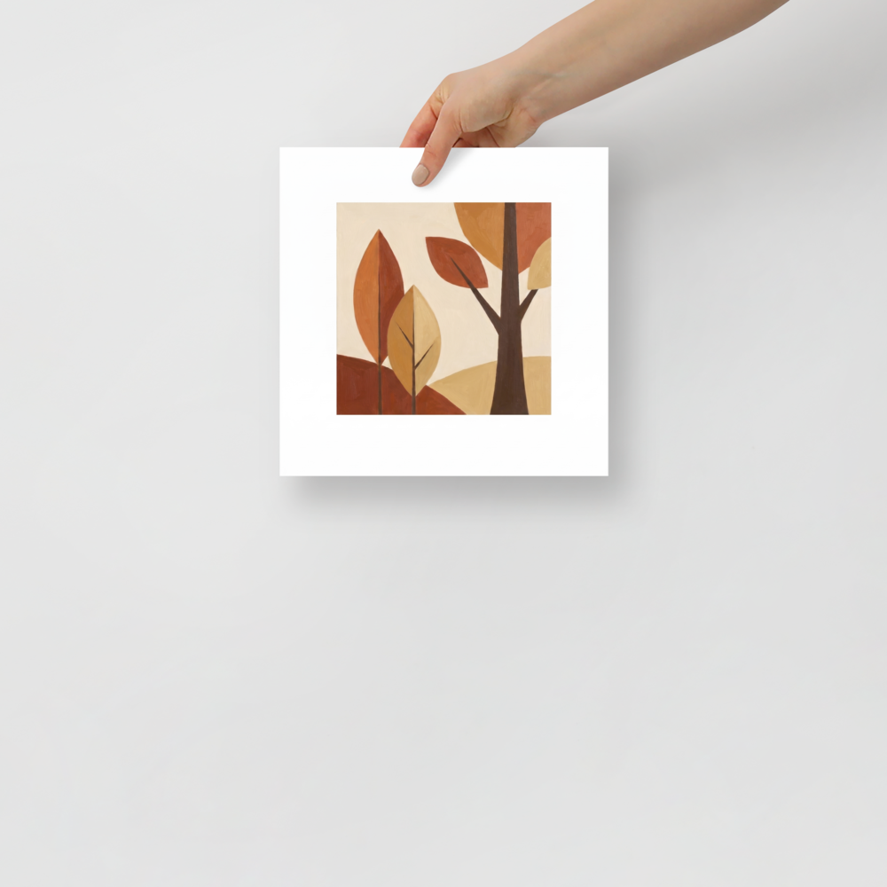 A mid-century modern geometric painting of autumn trees and leaves in warm earthy colors like rust, orange, and beige, perfect for a stylish Office or Living Room. A Minimalism print in orange and brown, 'Mid-Century Autumn'.