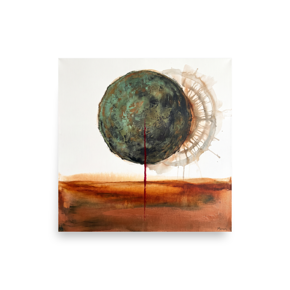 Fine art print 'Orb of Verdigris' in a Surrealism style. Surreal abstract print of a textured green orb and crimson drip above a sienna desert horizon in a modern office.
