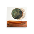 Fine art print 'Orb of Verdigris' in a Surrealism style. Surreal abstract print of a textured green orb and crimson drip above a sienna desert horizon in a modern office.