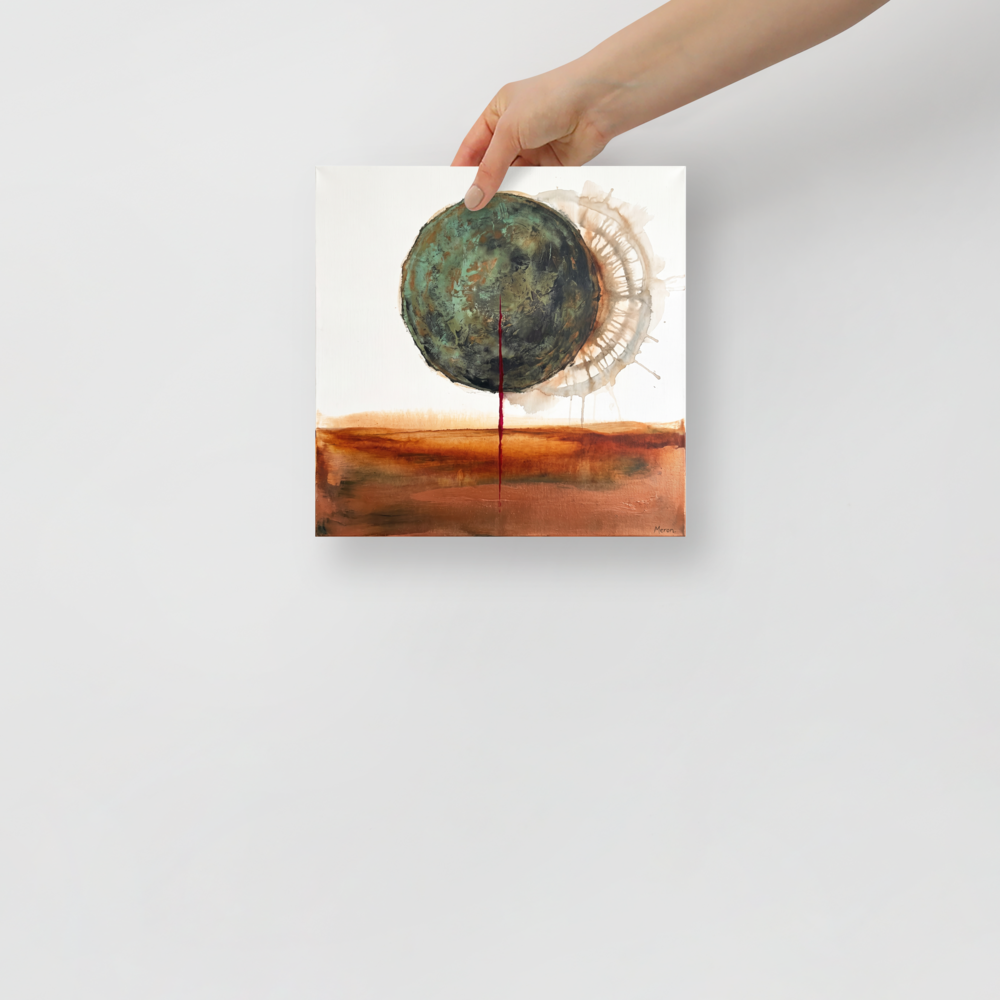 'Orb of Verdigris', Surrealism wall art in dark slate gray and sienna. Surreal abstract print of a textured green orb and crimson drip above a sienna desert horizon in a modern office.