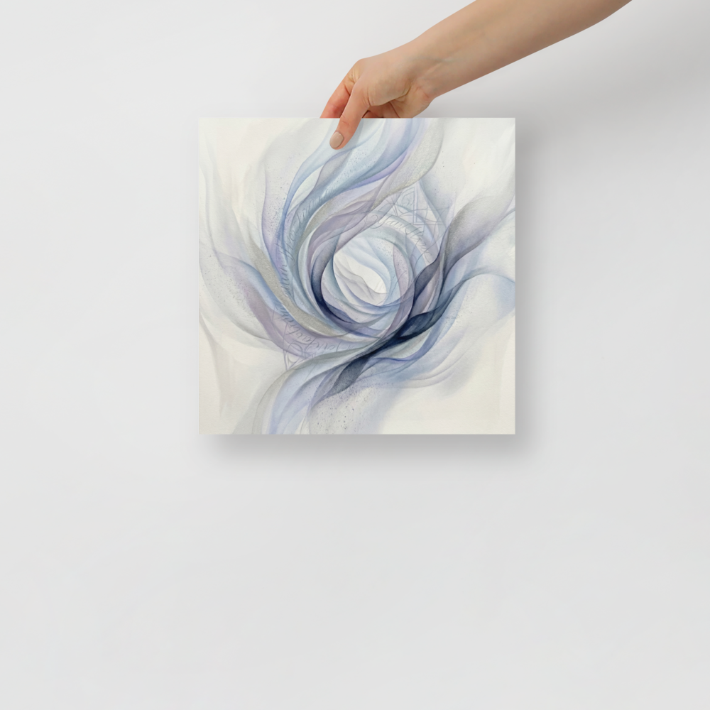 'Ethereal Whispers in the Vortex' — a Abstract art print. An abstract painting featuring swirling smoky ribbons of lavender, grey, and deep blue circling a bright white center, with faint cursive writing and patterns in the background.