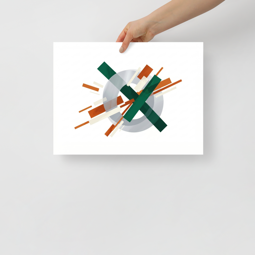 'Intersecting Perspectives' — a Suprematism print. An abstract painting of intersecting green and brown rectangular bars laid over a translucent gray circle, ideal for a modern Office.