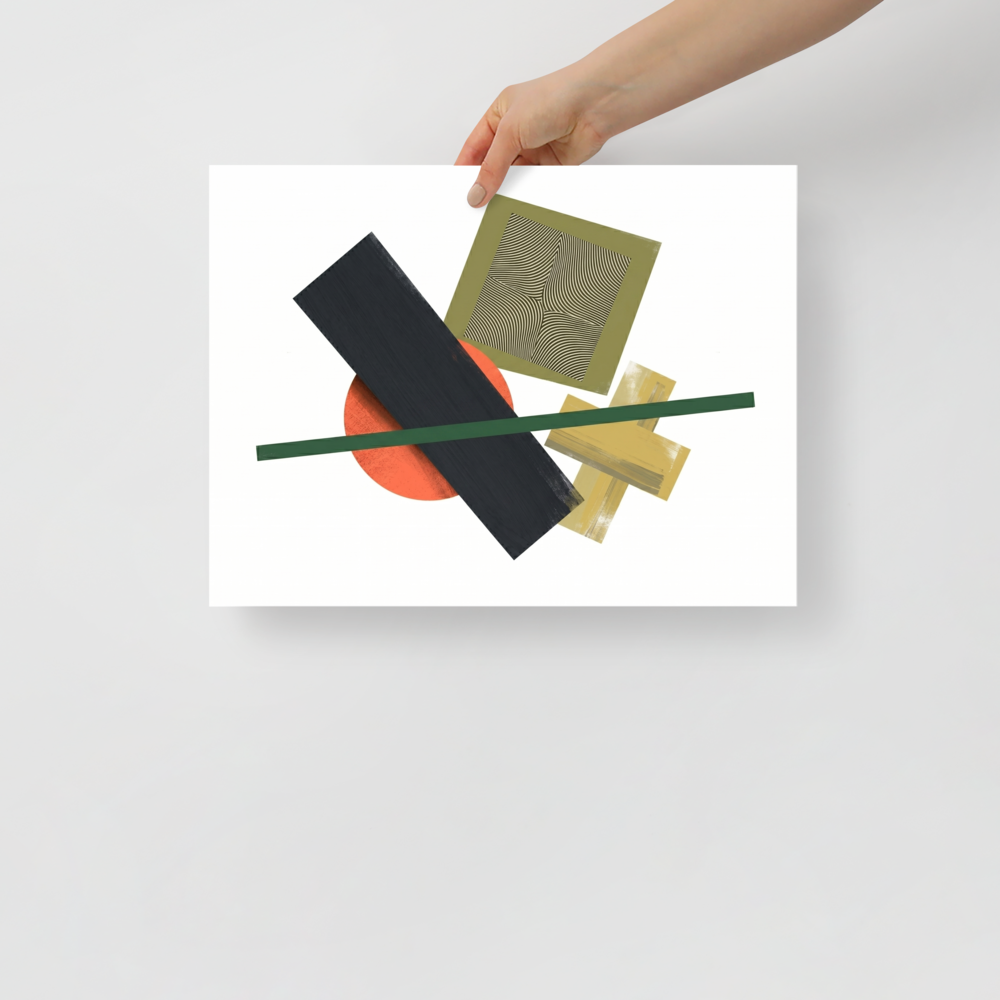 'The Geometry of Sound' — a Suprematism print. An abstract painting featuring a black rectangle, an orange circle, a green diagonal line, and a square with wavy lines, a unique focal point for a Studio.