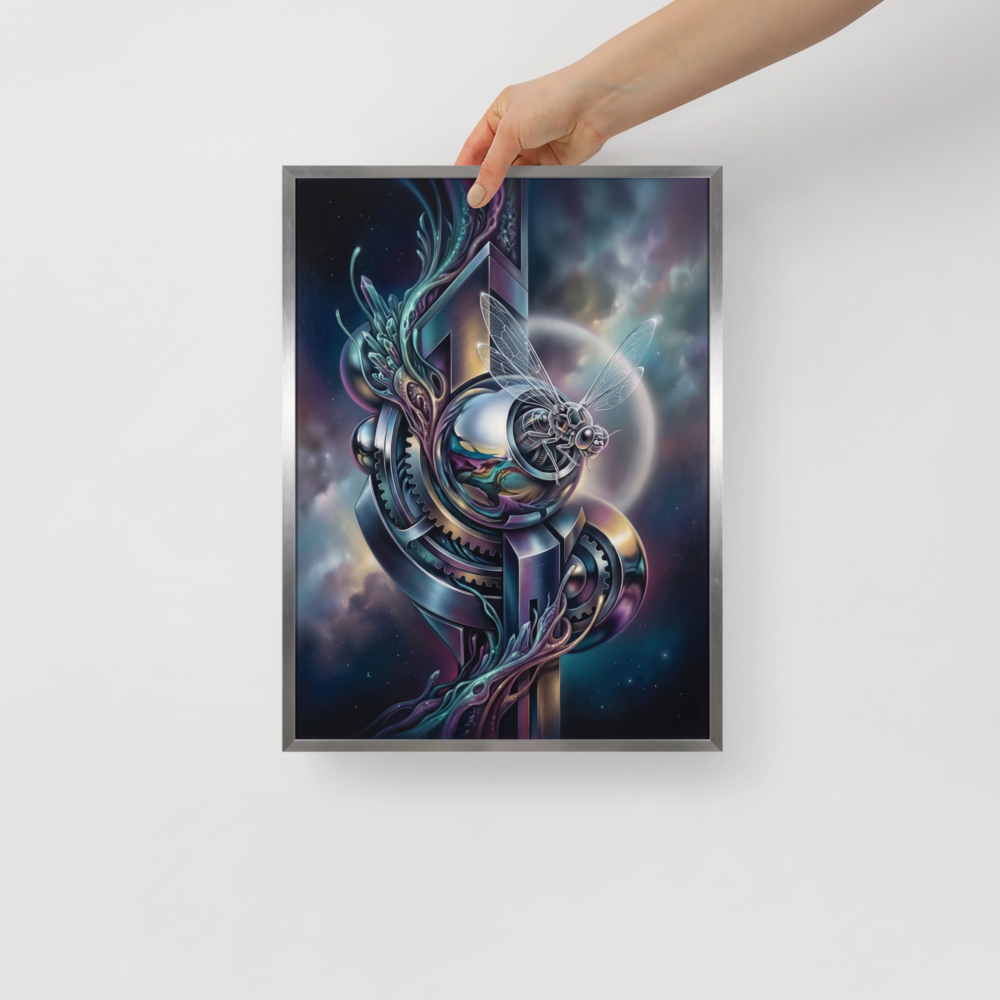 'The Clockwork Aviator' — a Surrealism print. A detailed mechanical insect with translucent wings perched on complex metallic gears floating in a colorful starry sky, an ideal piece for an Office.