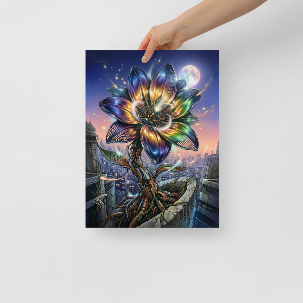 'Cybernetic Bloom' — a Digital art print. A large, glowing cybernetic flower with metallic petals and circuitry blooming out of concrete ruins in a futuristic city, perfect for a Game Room.