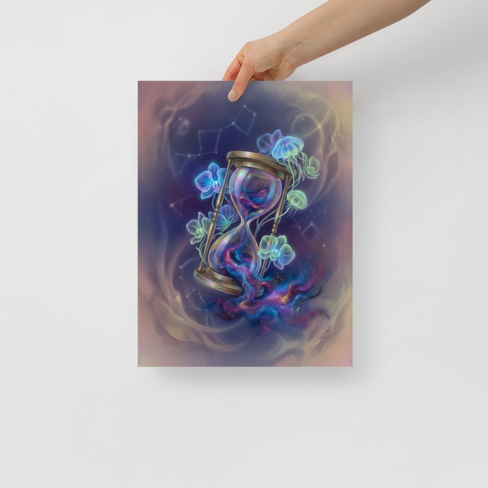 'Sands of the Nebula' — a Magic realism print. A magical brass hourglass filled with a swirling galaxy, surrounded by glowing orchids and jellyfish in a starry sky, ideal for a Bedroom.