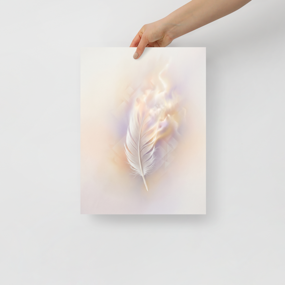 'Ethereal Plume' — a Abstract art print. A single white feather seemingly floating against a soft, luminous background of pastel orange and purple with faint geometric patterns, perfect for a peaceful bedroom.