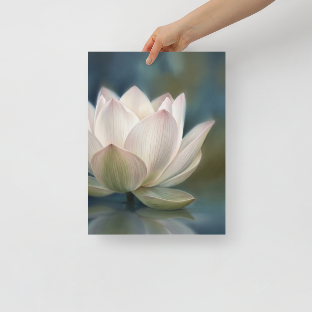 'Serene Lotus Reflection' — a Realism print. A soft, close-up painting of a pale pink and white lotus flower floating on calm, muted blue water, reflecting gently on the surface, suitable for a calm bathroom or living room.