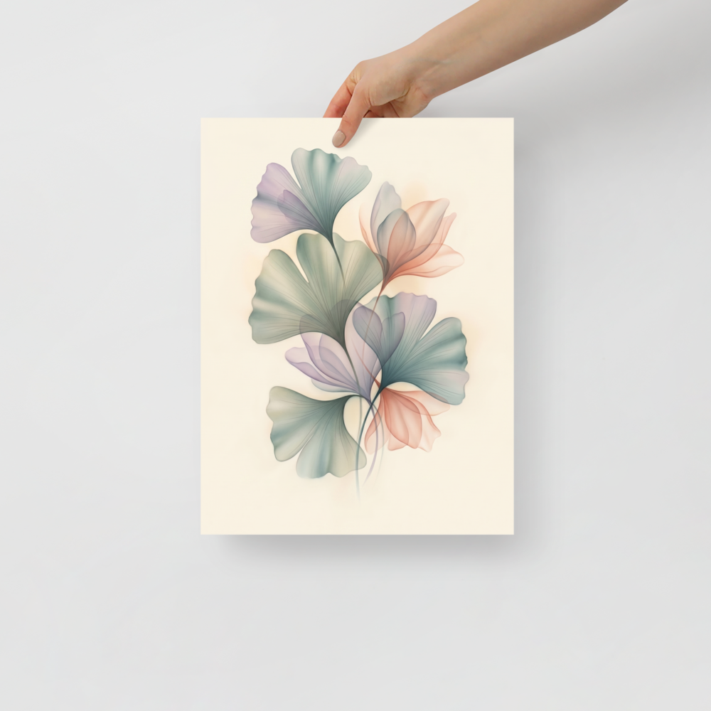 'Ethereal Ginkgo Whispers' — a Abstract art print. An elegant, translucent Airbrush illustration of ginkgo leaves overlapping in soft pastel colors, perfect for a peaceful Bedroom.