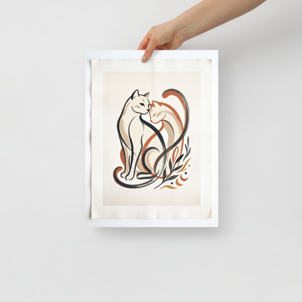 'Feline Affection' — a Minimalism,Abstract art print. A minimalist vector illustration of two cats intertwining lovingly in warm tones of cream, burnt orange, and dark charcoal, accompanied by simple botanical leaf motifs. Ideal for a cozy Nursery or Living Room.